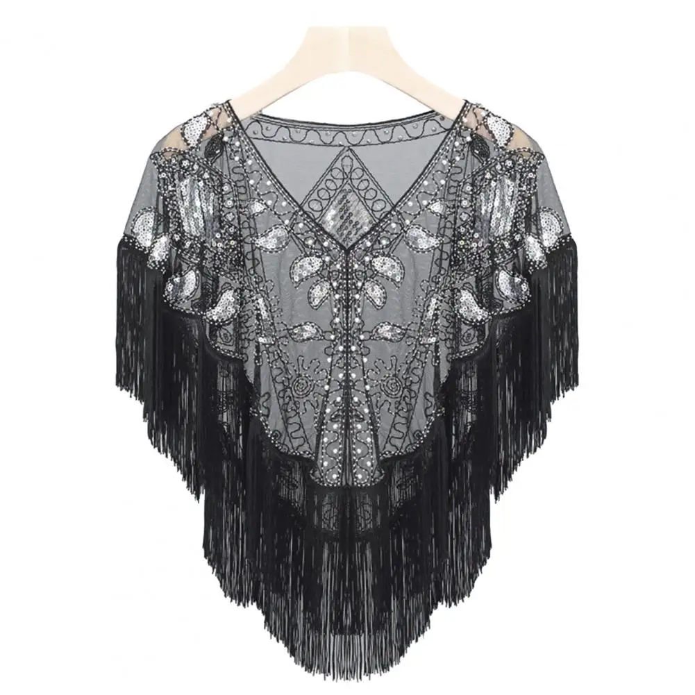 Women 1920s Sequined Shawl with Tassels Beaded Pearl Fringe Solid Color Sheer Mesh Wraps Gatsby Flapper Bolero Cape Cover Up