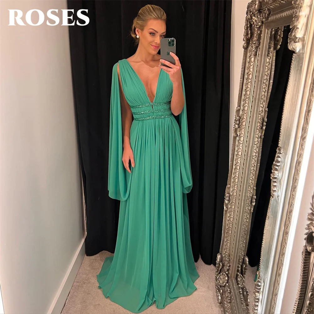 ROSES Beach Green Chic Woman Evening Dress Gown V Neck Ball Gown With Belt Pleat Night Dress Gown robes de soirée