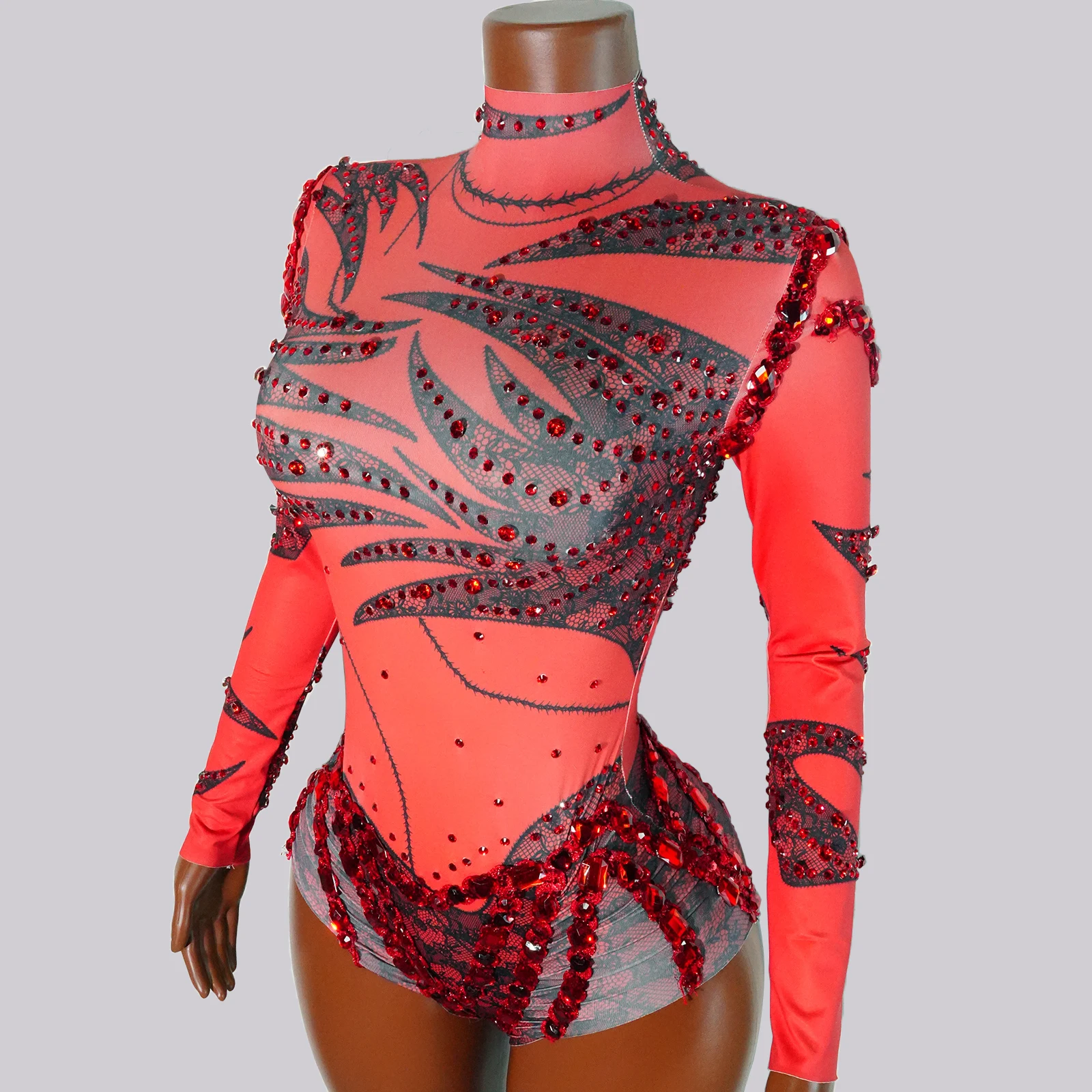 セクシーな赤いクリスタル長袖ボディスーツプリントパフォーマンスドラッグクイーン衣装ポールダンスフェスティバル誕生日歌手ゴーゴスを祝う