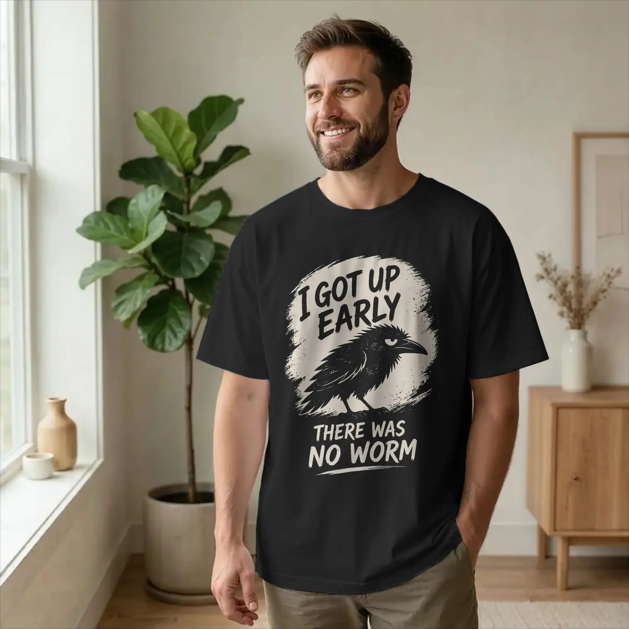 Funny Crow T‑Shirt,I Got Up Early There Was No Worm Sarcastic Quote Tee,Streetwear Humor Graphic,Men Women Comedy Raven T‑Shirt