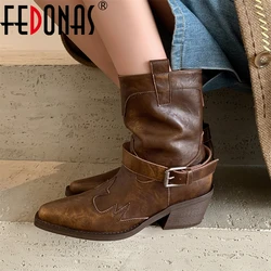 FEDONAS Women Ankle Boots Genuine Leather Chunky High Heels Shoes For Women Winter Luxury Western Cowboy Short Boots Shoes Woman