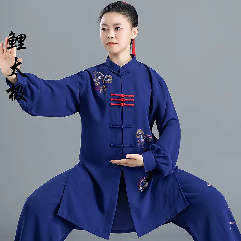 Chenjiagou Spring/Autumn Tai Chi Suit for Women – Auspicious Cloud Rhinestone Wushu Uniform, Polyester Spandex with Handmade Fr