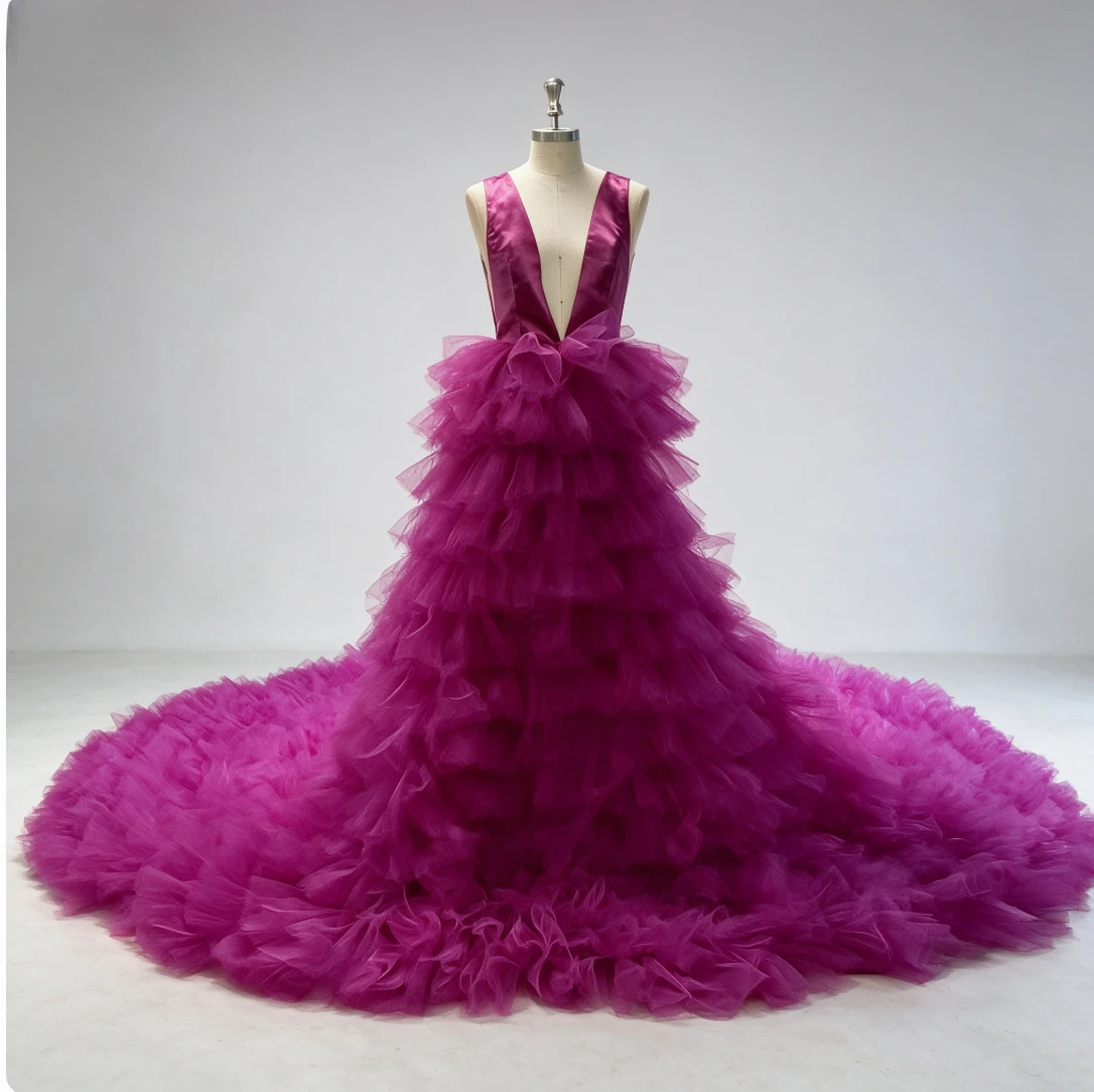 Chic Tulle Dresses For Women Puffy Sleeves Long Train Women Special Occasion Dress For Photo Shoots Custom Made Gorgeous Gowns