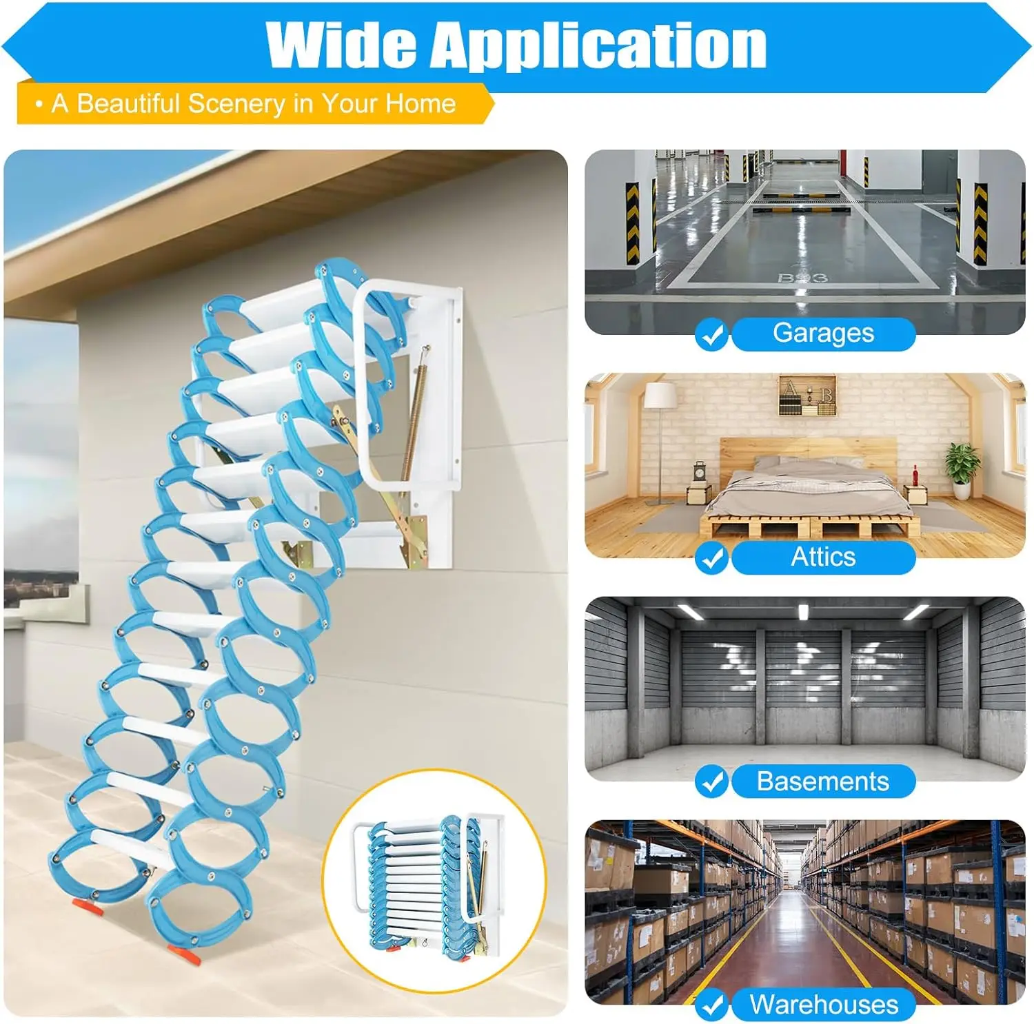 12 Steps Attic Ladder Wall Mounted Pull Down Loft Steps Folding Stairs Al-Mg Alloy Telescopic Loft Ladder With Armrests For