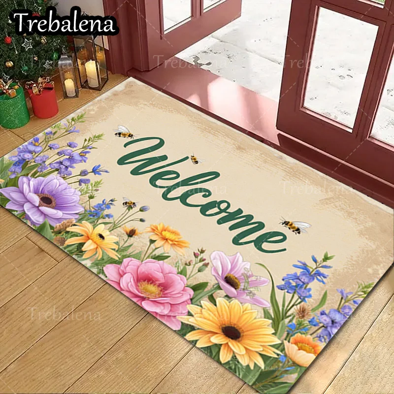 

1pc Welcome Door Mat Welcome Floral Bee Garden Doormat For Home Decor
