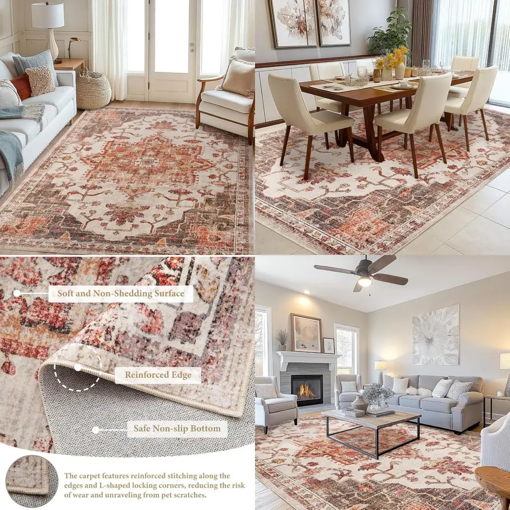 

Boho Vintage-Style Area Rug, 6x9 for Living Spaces, Low Pile, Non-Slip, Machine Washable, Floral Pattern Carpet Suitable for Kit