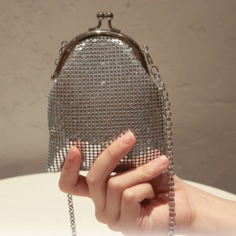 Silver simple design metal women bag mini evening bag coin women bag chain crossbody bag