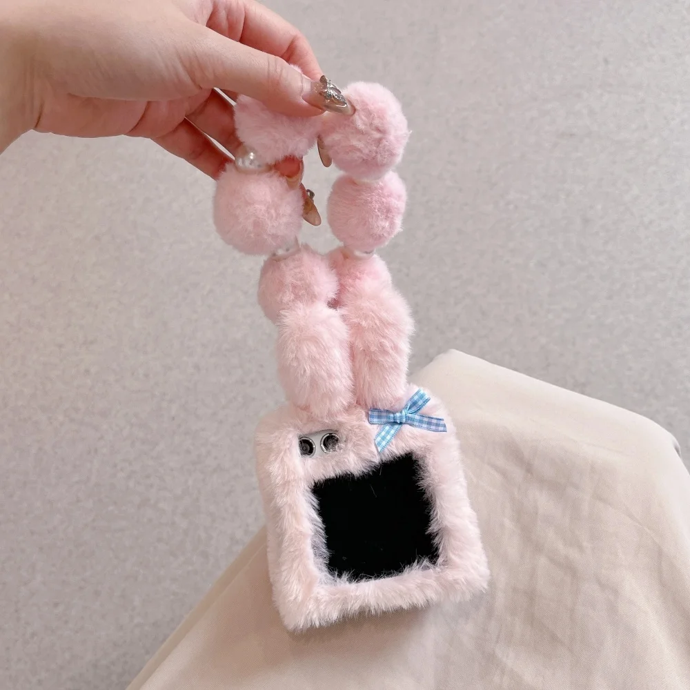 Cute Soft Bracket Folding Fur Cover for Samsung Galaxy Z Flip Fold 3 4 5 6 Plush Embroidered 3D Cartoon Rabbit Phone Case