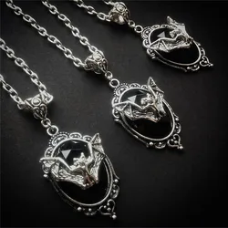 Bat Cameo Necklace Vintage Gothic Oval Pewter Frame Pendant Necklace Mystic Witch Jewelry Gift Accessories for Women and Girls