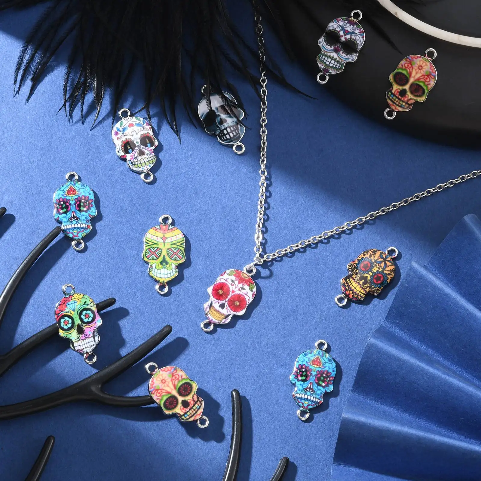 40Pcs Random Color Skull Connector Charms Double Loop Link Enamel Skeleton Link Connector for Jewelry Making Bracelet DIY