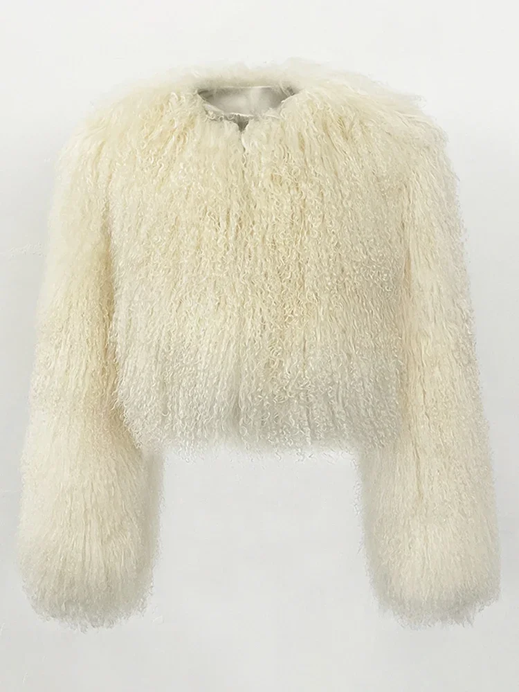 سترة نسائية من فراء الأغنام منغوليا الطبيعية لعام 2025 ملابس شتوية جديدة معطف فرو حقيقي قصير برقبة دائرية وأكمام طويلة