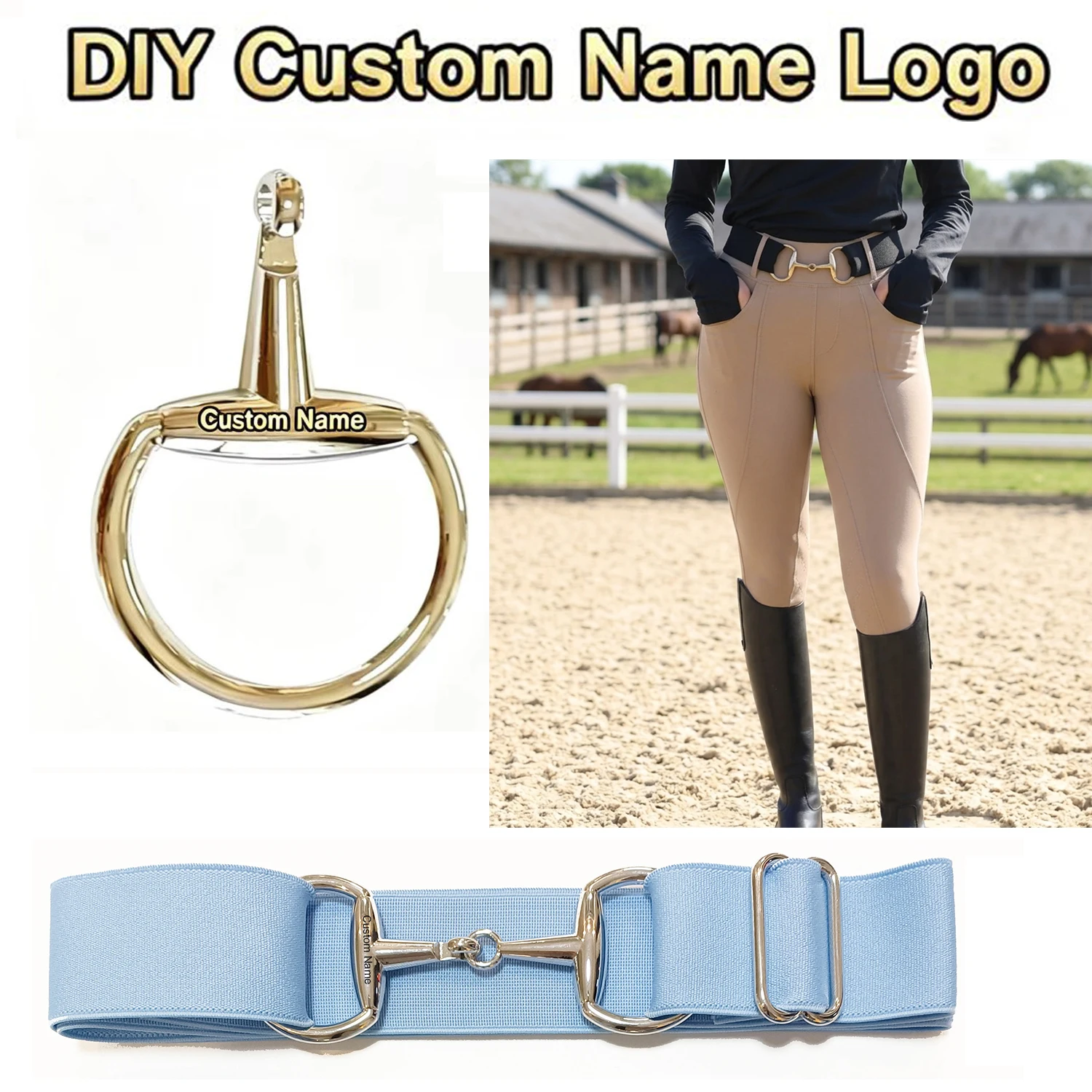 Equestrian Themed Elastic Belt with Snaffle Bit Buckle - DIY Free Logo Engraving Customizable Waist Belts Solid #1--#66