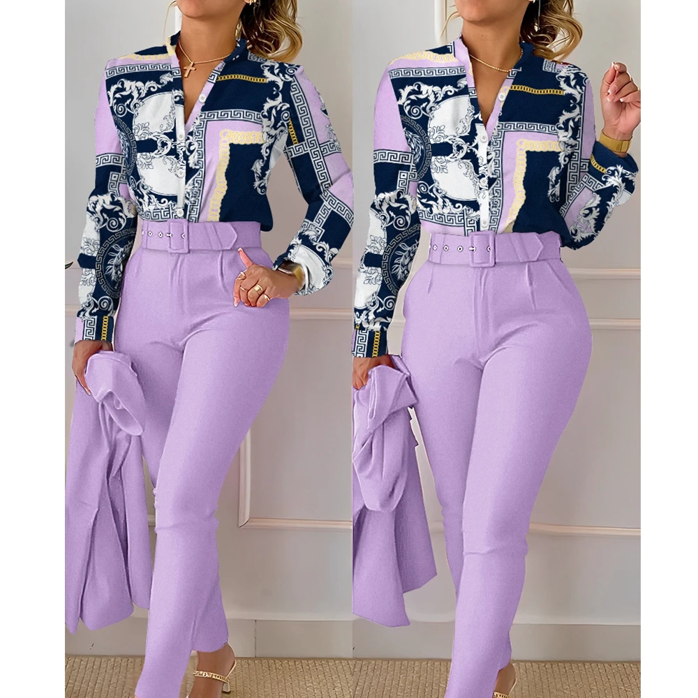 Camicia a maniche lunghe completi da 2 pezzi camicia stampata moda donna top abbigliamento pantaloni stampati set pantaloni aderenti