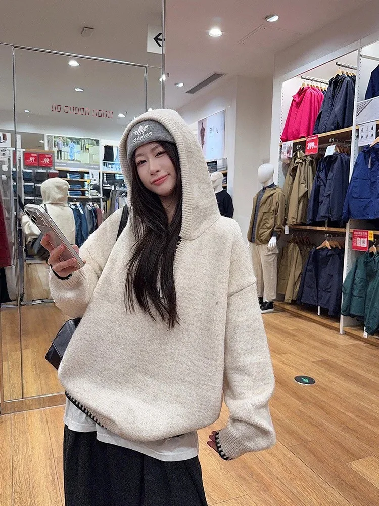 

Korean Sle Loose Fit Hooded Long Sve Knitted Sweater Women's Autumn Winter Thiened Casual Top Sweet Sle Fce Blend