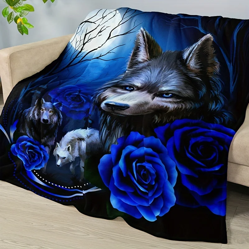 Contemporary Blue Wolf and Rose Floral Design Heavyweight Flannel Blanket - Hand Wash Only, Cozy Throw for Home Decor