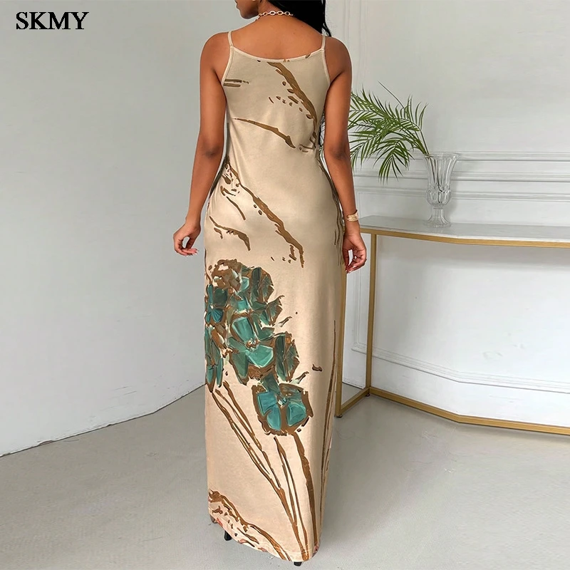 SKMY 2025 صيف جديد وصول Strappy عارية الذراعين Bodycon فستان موضة الأزهار طباعة بلا أكمام فستان قصير للحزب لباس غير رسمي