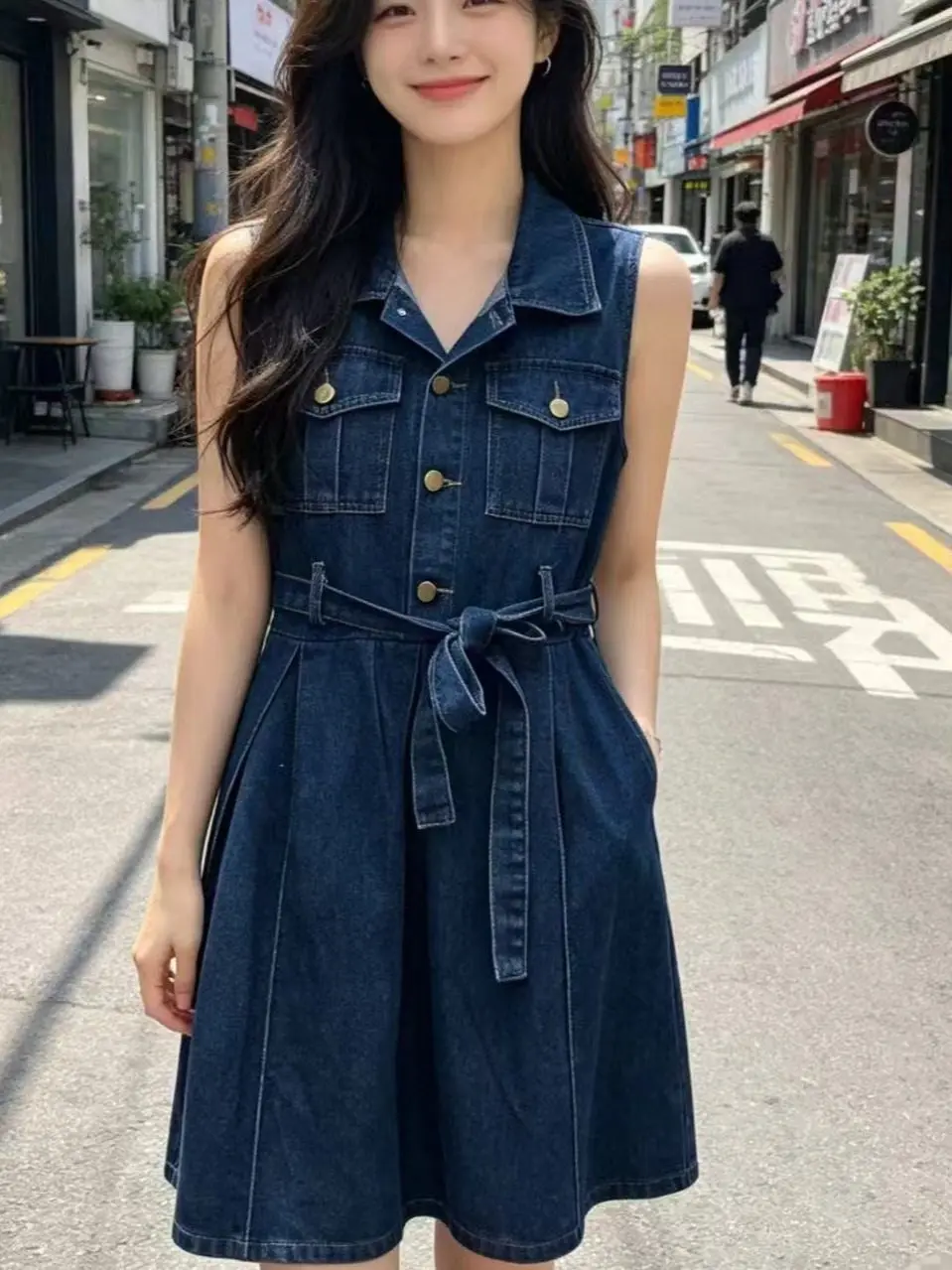 

Dongda Gate Women's Straight Belted Single Button Sleeveless Dress High Waist French Style Pure Color Summer Breathable