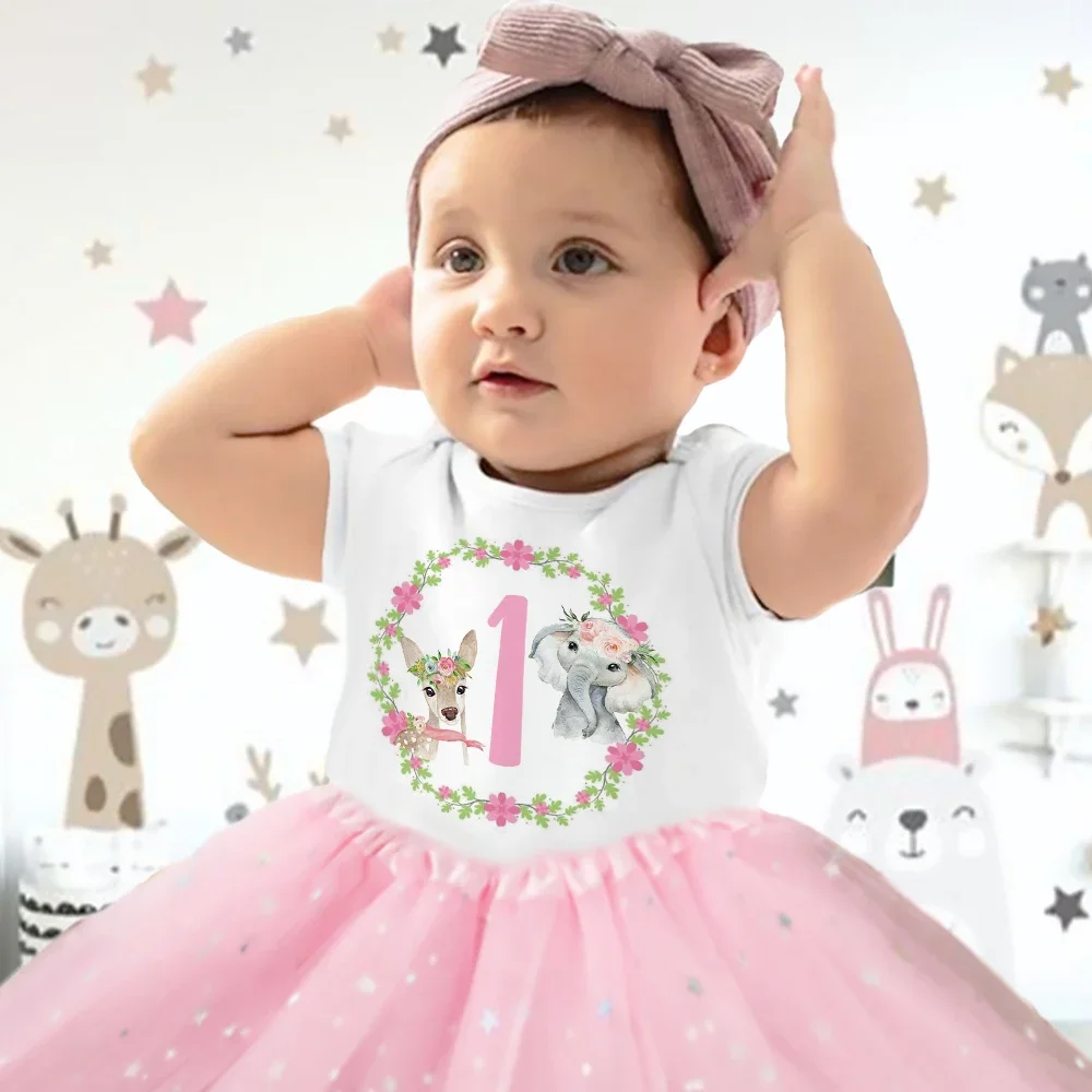 1 2 Year Wreath Birthday Girl Dresses Summer Newborn Short Sleeve Baby Tutu Dress Bodysuits Skirt Set Infantile Clothes Toddler