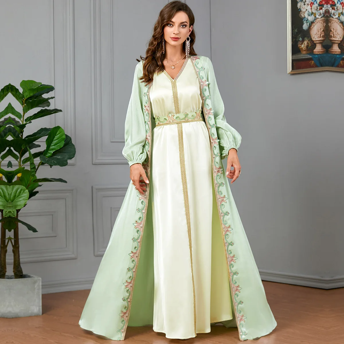 

Women Dress Set 2 Pieces Morocco Caftan Elegant Muslim Abaya Dubai Satin Kimono Cardigan Robe Beads Long Sleeve Abays Outwear