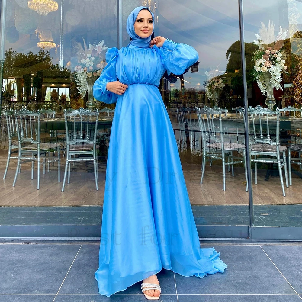 

Modern Full Sleeve Muslin Evening Dresses for Women Simple New Chiffon Prom Gowns with Pleat 2024 Islamic Robe De Soirée Summer