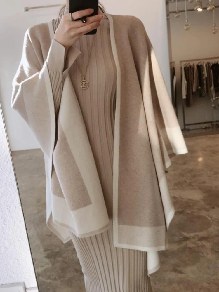 Korean Winter New Vintage French Contrast Knitted Shawl Scarf Cloak Sweater Coat Women Clothes sweater