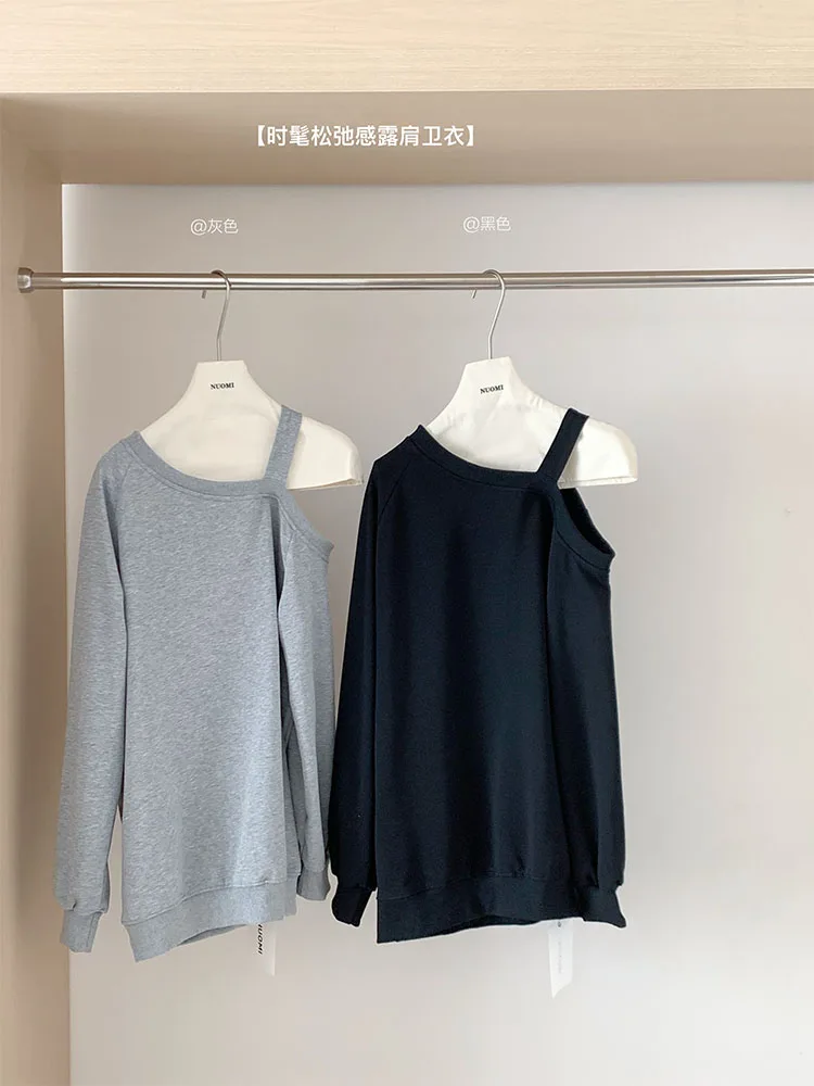 Autumn Winter Women Solid Slim Pullovers Sexy Loose Off Shoulder Design Straight Tops Korean Slash Neck Hoodies 2000s Aesthetic