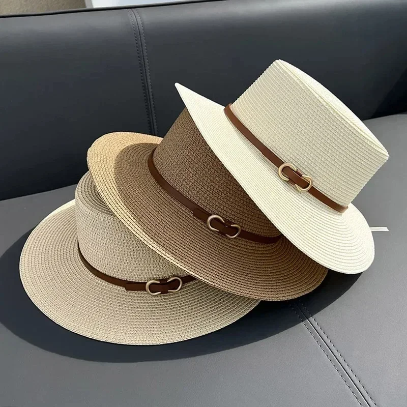 

New Simple Straw Summer Women Beach Hat Female Casual Panama Hat Women Flat Brim Bowknot Straw Cap Girls Sun Hat