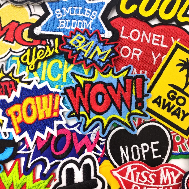 WOW OOPS POW COOL Iron On Patches Apparel Sewing Fabric Handmade Appliques For Clothing Music Stickers Badge Parche YES ORIGINAL