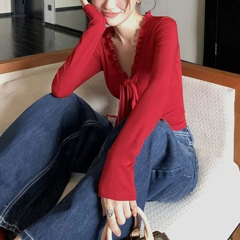 Fashionable V-Neck Drawstring Bow Pullovers Female Clothing Solid Color Autumn Long Sleeve Slim Casual Folds Spliced T-shirts
