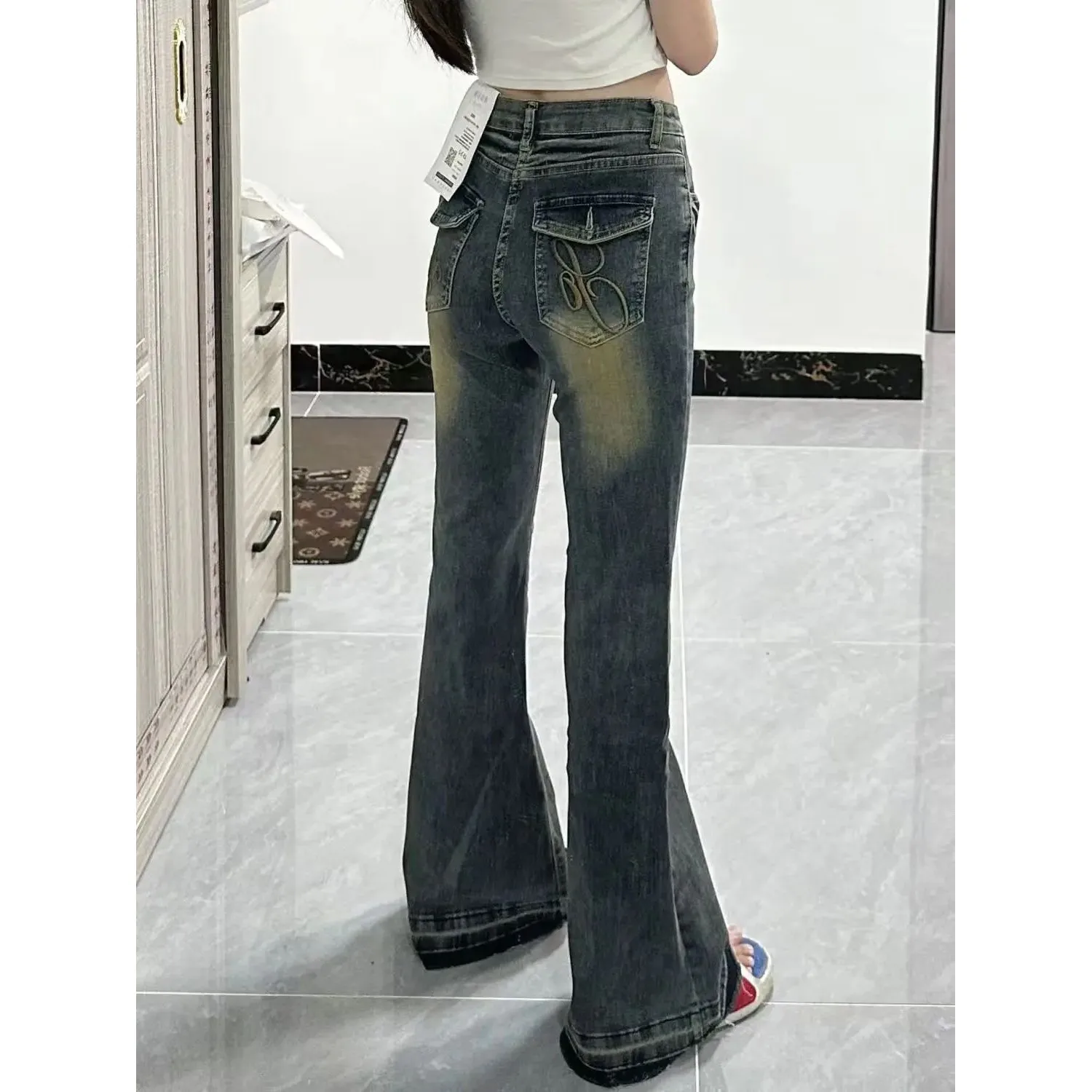 

Spicy Girls Low Waist Jeans Women Autumn American High Street Sle Ladies Premium Denim Pants Elastic Fit PU Fabric
