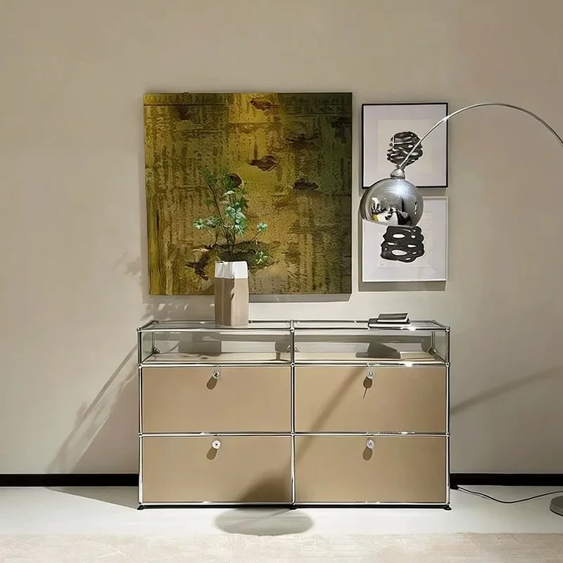 dining side cabinet is antique,  living room is against the wall, and the integrated module storage is stainless