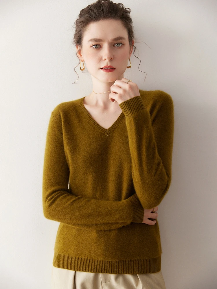 

Basic Women's Sweater Pullover 100% Cashmere Pullover Autumn Winter Sweater V-Neck Long Sleeve Knit Office Thin Clothes Warm Top