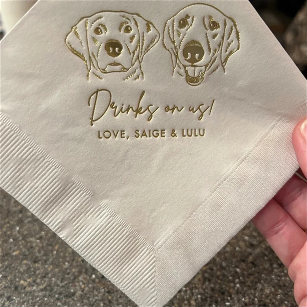 50Pcs Custom Illustrated Dog Wedding Napkins, Bridal Shower, Engagement Party, Bar Napkins, Pet Wedding Napkins, Cocktail  Napki