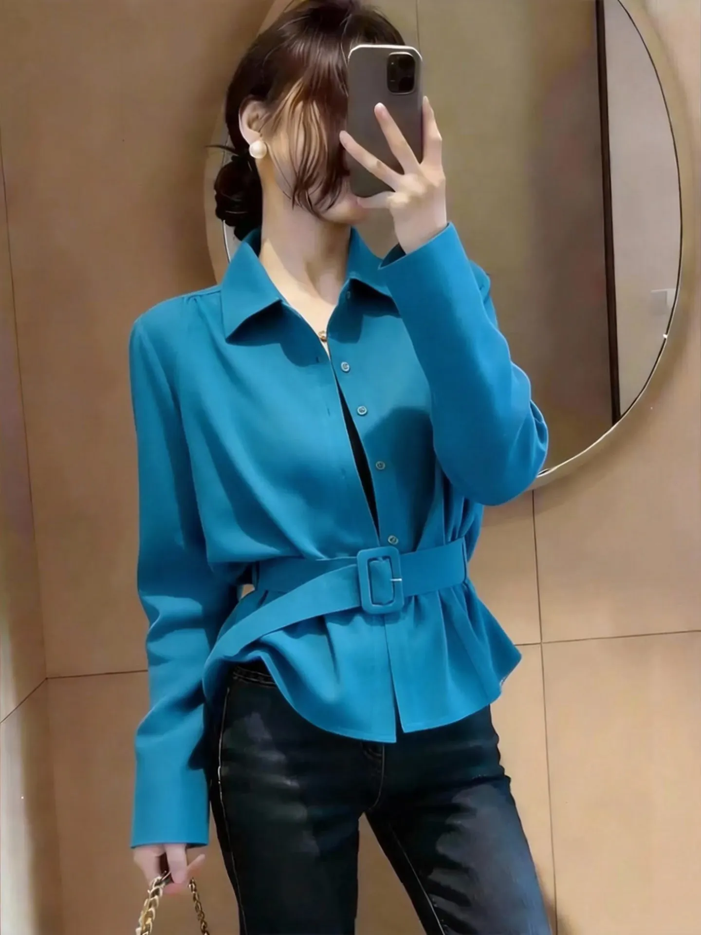 

Blue Long Sve irt Women's Design Sensation Slimming Waist High Quali Commute Sle Faionable Age Reducing Top