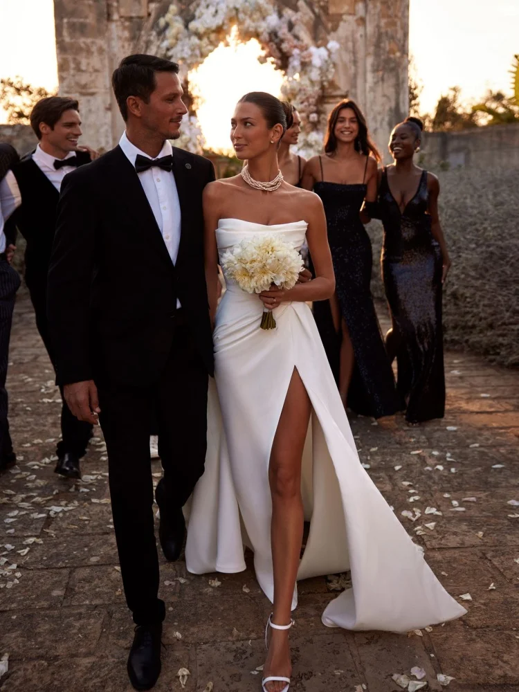 

Wedding Dress Simple Strapless Satin-effect Slit With Train, floor-length Evening Gown New 2026 Beach Wedding Dress