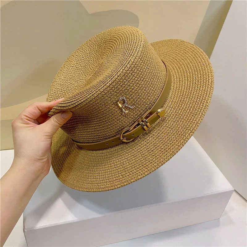 Summer Women\'s Flat Top Hat Casual Vacation Travel Beach Retro Bucket Hats for Women Letter R Sun Protection Straw Cap