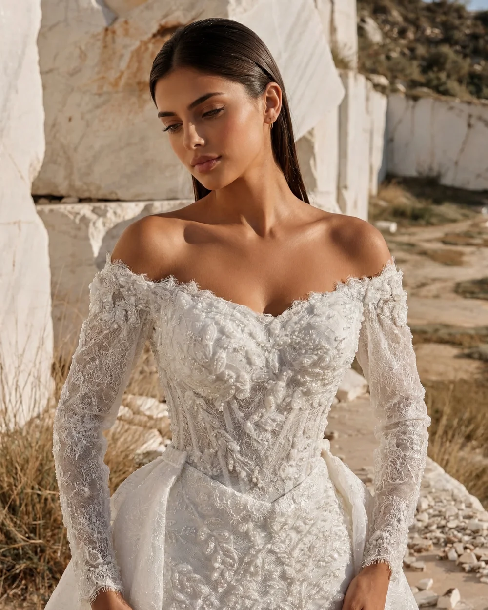 Maßgeschneidertes schulterfreies Spitzen-Brautkleid mit abnehmbarer Schleppe, rückenfrei, Applikationen, Hochzeitskleider 2026 Vestido De Noiva – Detail 10
