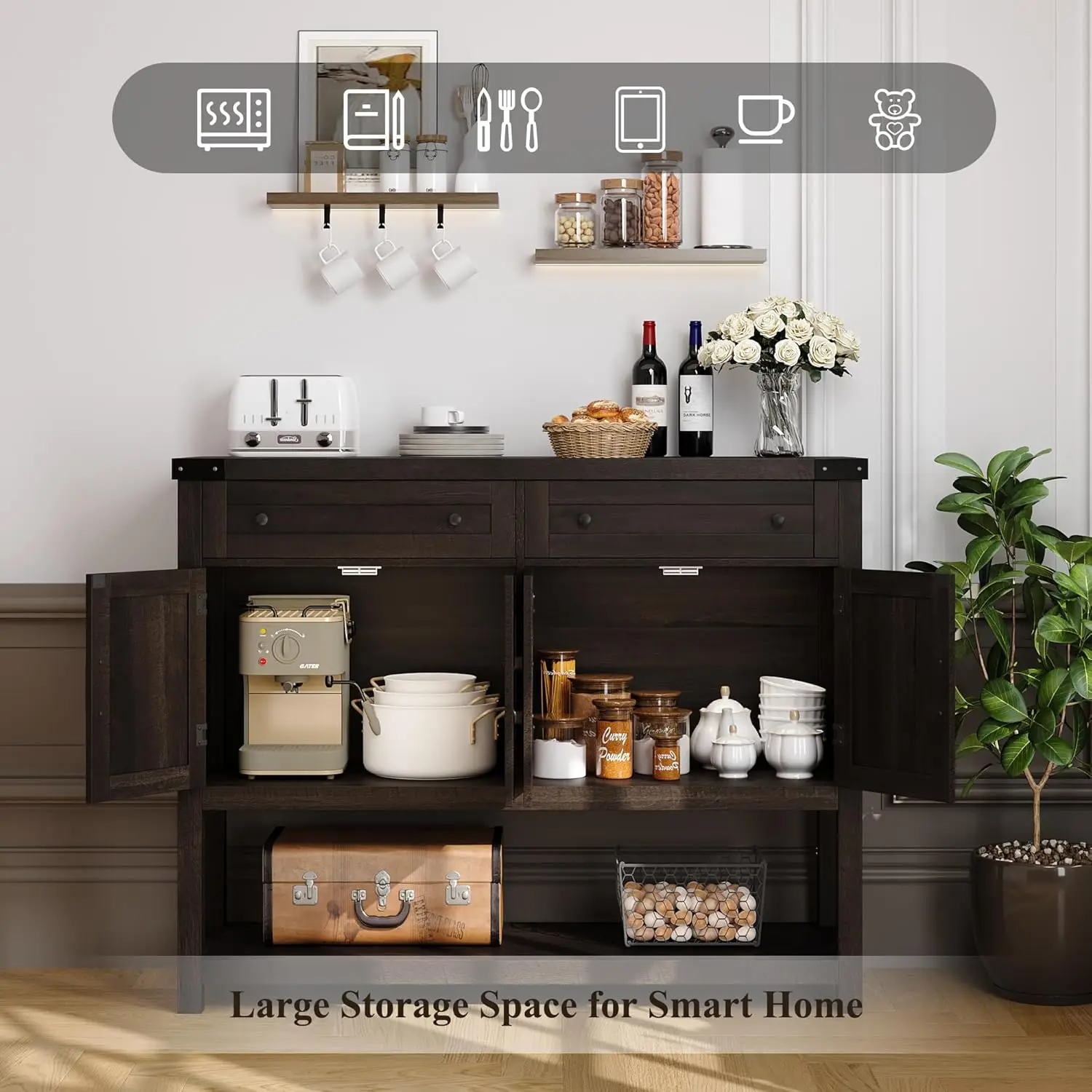 Buffet Aparador Armário com Armazenamento, Farmhouse Coffee Bar, 2 gavetas, Barn Door Console Table, moderno, 47,2"