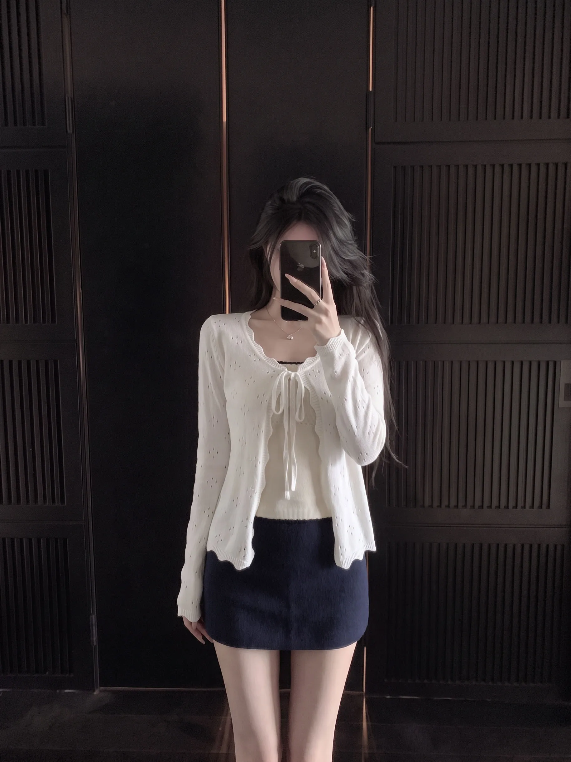 Korean Style Slim Fit Knitted Open Cardigan Women's Early Autumn New Design Versatile Loose Long Sleeve Top Hollow out