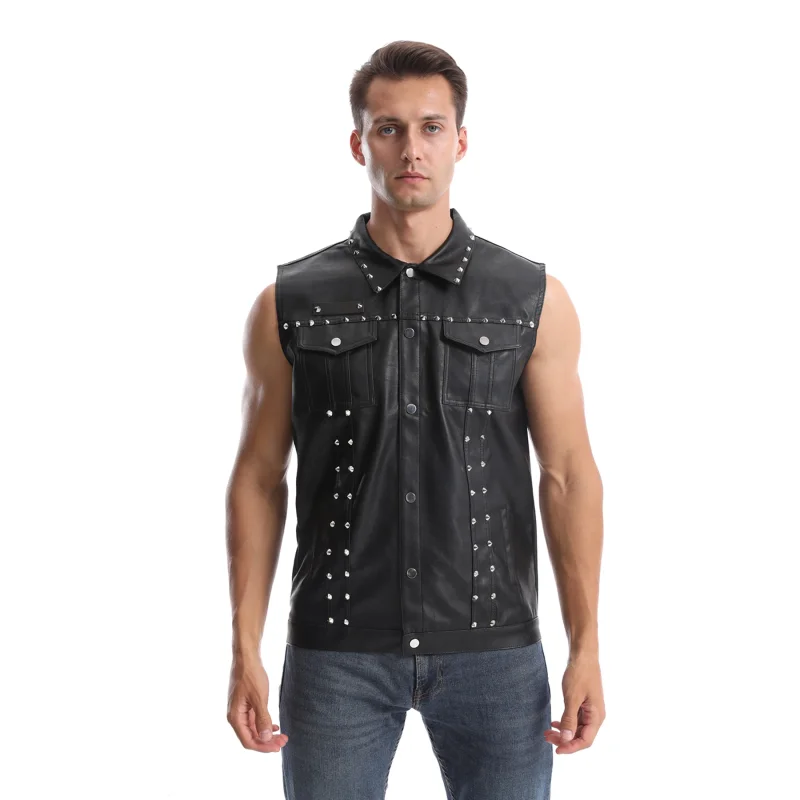 

Men's Fashion Punk Style Leather Vest With Rivet High Streetwear Faux Leather Waistcoat For Male Sleeveless Coat