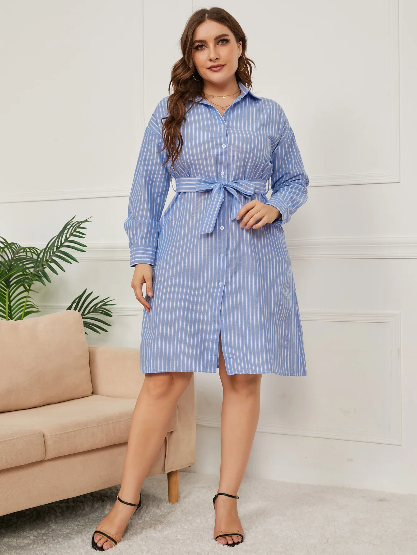 

Plus Size Summer Dress Long Sleeve Striped High Waist Shirt Dress Oversized Women Clothing Knee Length Casual