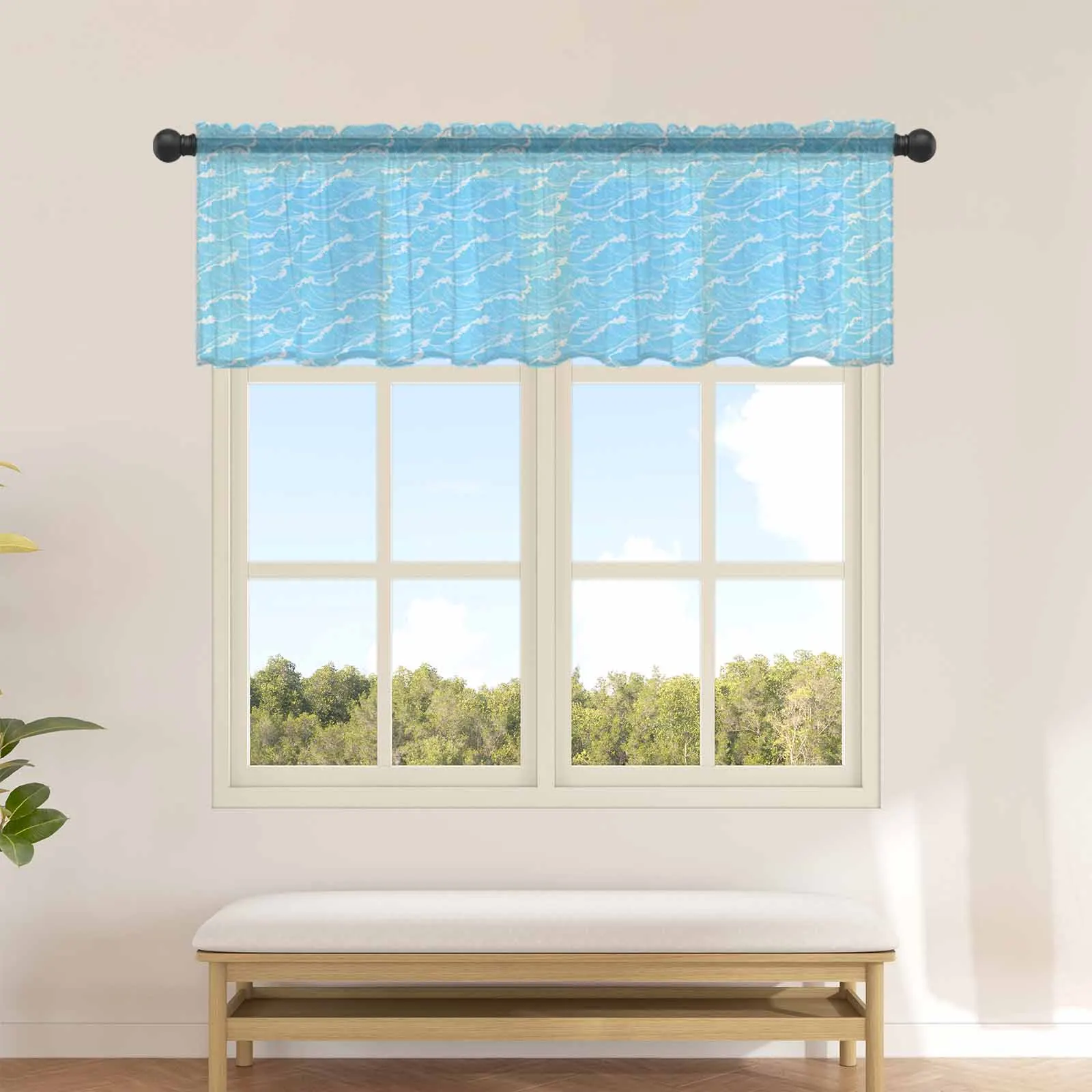 Ocean Abstract Gradient Waves Kitchen Small Window Curtain Tulle Sheer Short Curtain Living Room Voile Drapes