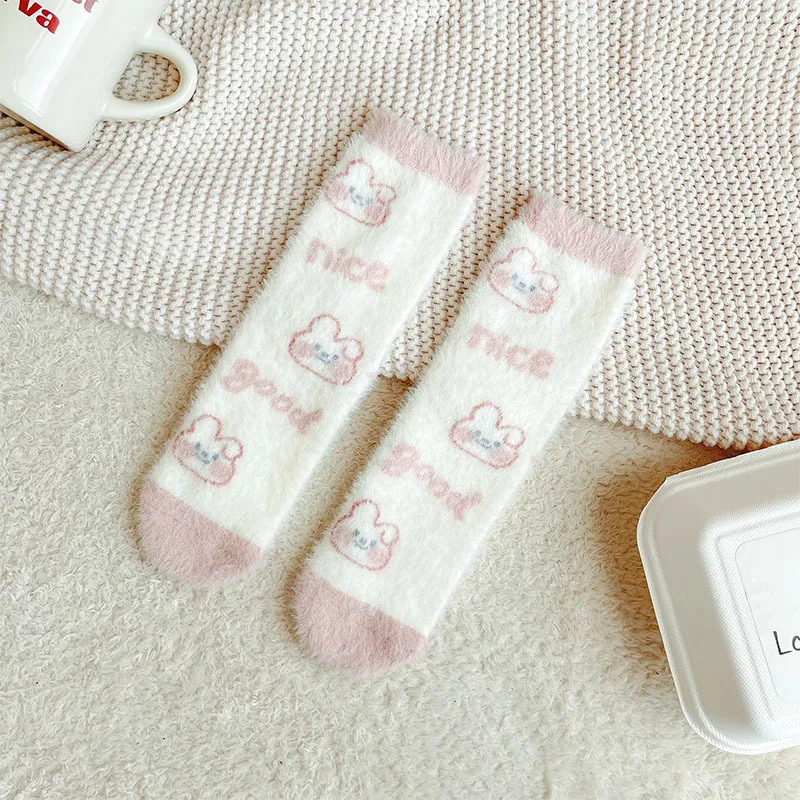 Sweet Pink Rabbits Bowknot Imitation Mink Socks Winter Plush Warm Home Sleeping Socks Ins Japanese Cartoon Cute Furry Tube Socks