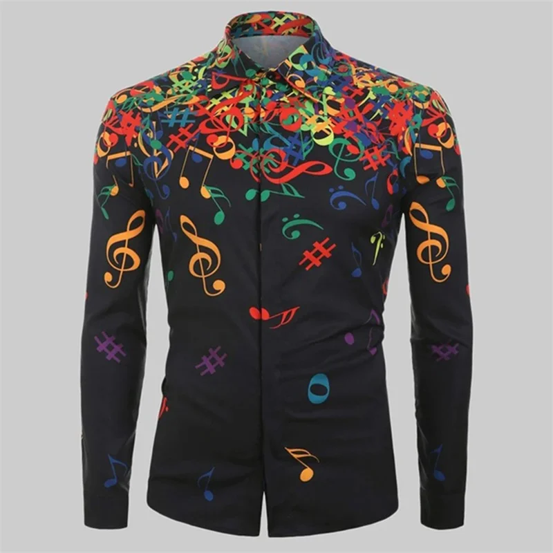 Casual Slim Fit Street Music Note Printed Shirts Black Lapel Button Men\'s Long Sleeve Shirt Fashion And Simple Men\'s Clothing