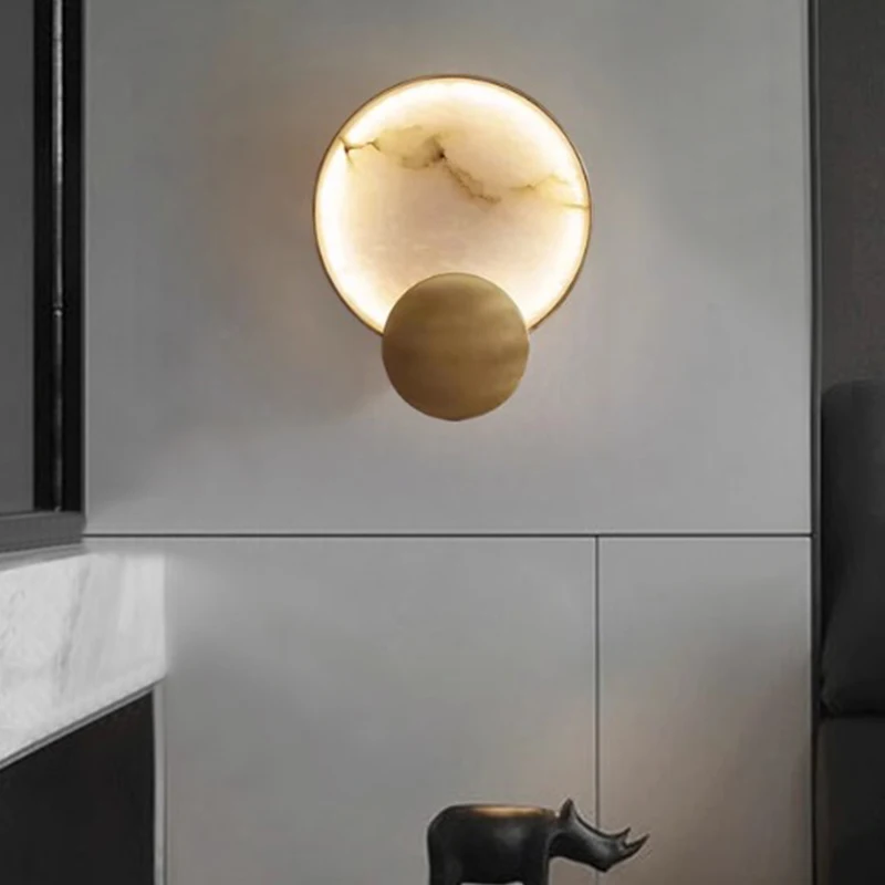 

Nordic Creative Living Room Foyer Round Marble Wall Lamp Bedroom Villa Study Modern Art Brass Wall Light