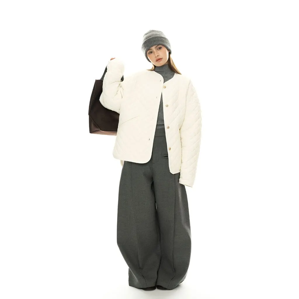 

Women's Korean Style Retro round Neck Cotton-Padded Jacket Lightweight Warm Loose Silhouette Coat for Autumn Winter