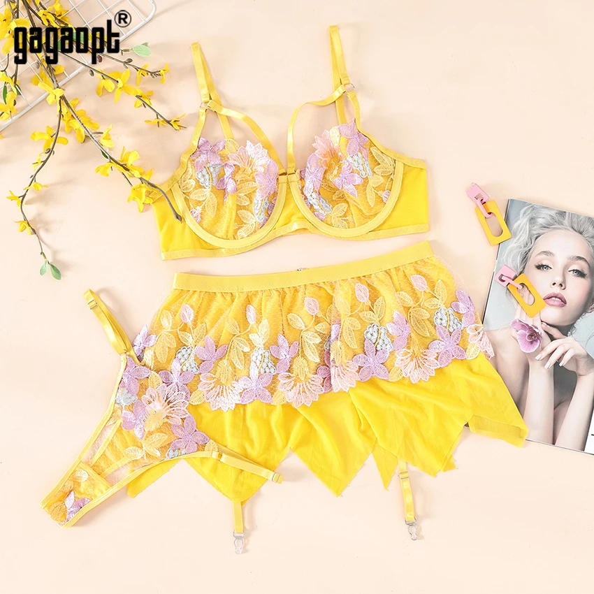 Gagaopt Sheer Mesh Lace Lingerie Set Women Yellow Bra+Panty Underwear Set Fancy Sexy Erotic Garter Kit