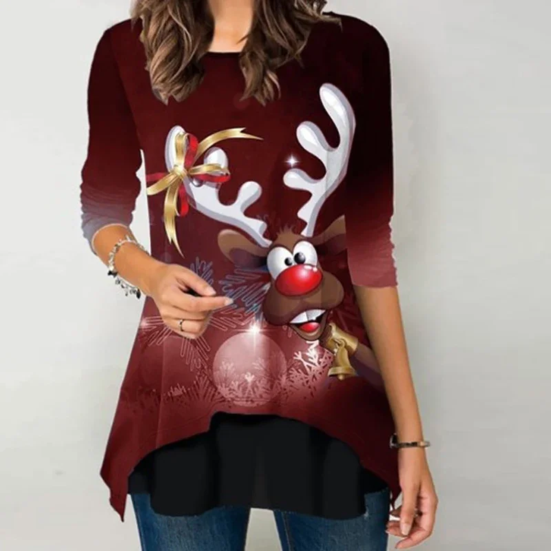 패션 크리스마스 트리 프린트 여성용 레드 긴 소매 풀오버 후드리스 캐주얼 스웨트셔츠 및 크리스마스 블라우스 겨울 가을 탑