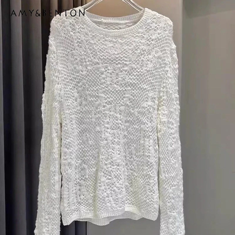 

2026 Spring Autumn Women's Pullover Sweater Vintage Design Loose Fit Subtle Pattern Round Neck Versatile White Sweaters Ladies