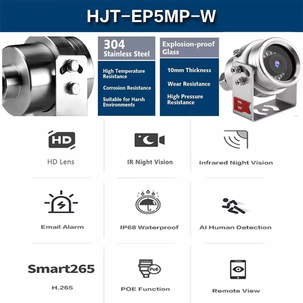 Explosion Proof POE IP Camera 5MP 4K Wear&Corrosion Resistance IP68 304Stainless Steel AI Human Detection Security Camera Camhi